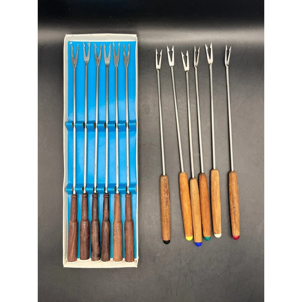 Vtg Set of 2 Fondue Forks Handles Japan Stainless Steel Color Dice Ends 12‎ MCM
